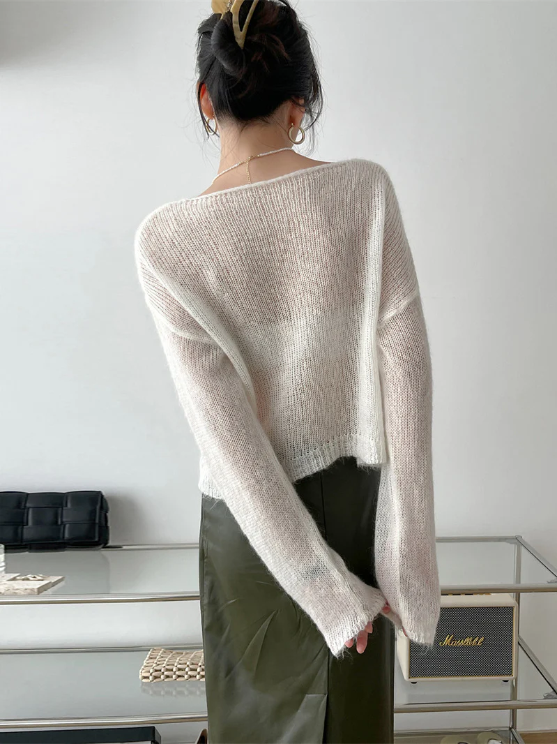Gentle Mohair Knitted Loose Long Sleeves Solid Color Thin Sweater Tops - Image 10