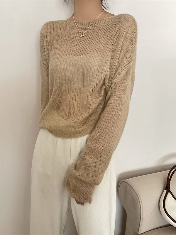 Gentle Mohair Knitted Loose Long Sleeves Solid Color Thin Sweater Tops - Image 11
