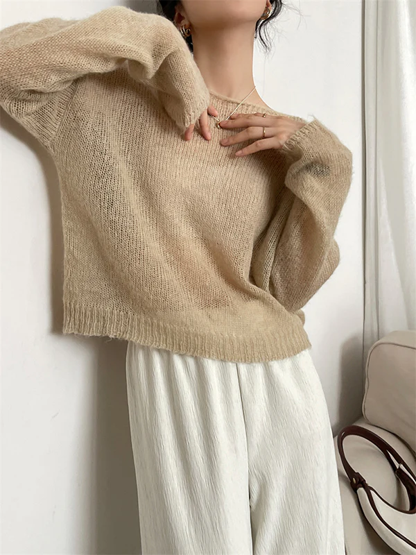 Gentle Mohair Knitted Loose Long Sleeves Solid Color Thin Sweater Tops - Image 12