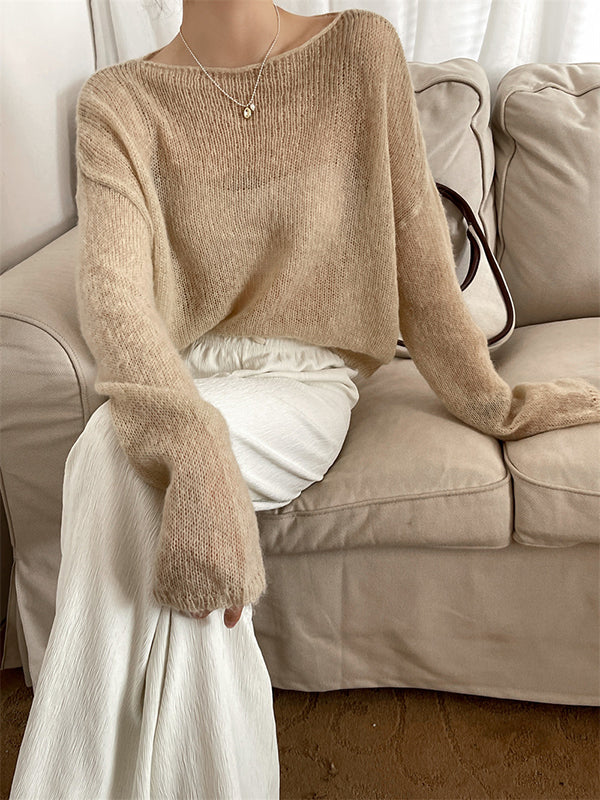 Gentle Mohair Knitted Loose Long Sleeves Solid Color Thin Sweater Tops - Image 13