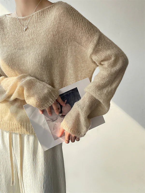 Gentle Mohair Knitted Loose Long Sleeves Solid Color Thin Sweater Tops - Image 15