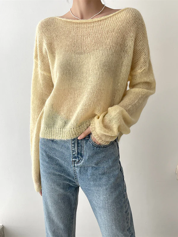 Gentle Mohair Knitted Loose Long Sleeves Solid Color Thin Sweater Tops - Image 16