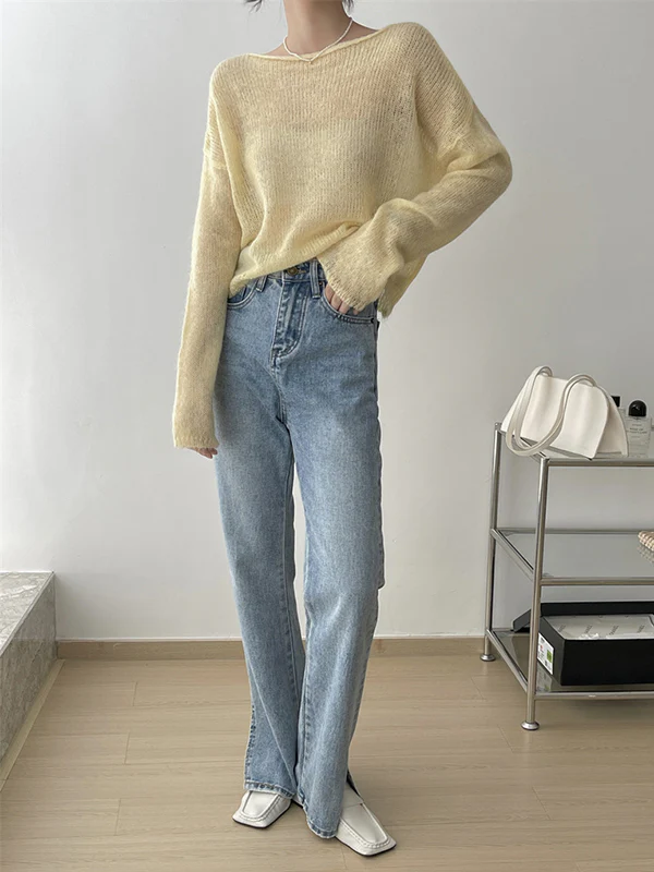 Gentle Mohair Knitted Loose Long Sleeves Solid Color Thin Sweater Tops - Image 18