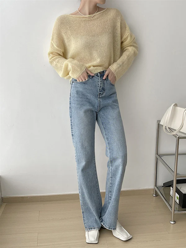 Gentle Mohair Knitted Loose Long Sleeves Solid Color Thin Sweater Tops - Image 19