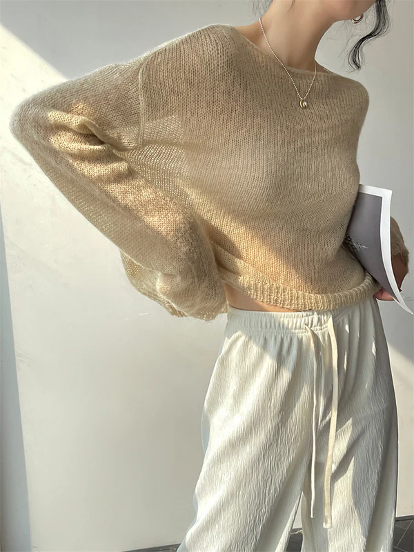 Gentle Mohair Knitted Loose Long Sleeves Solid Color Thin Sweater Tops - Image 2