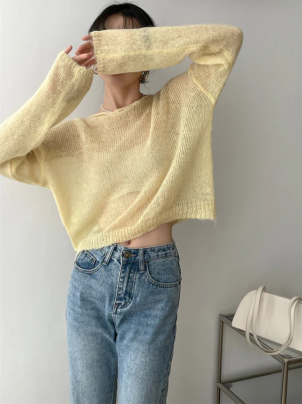 Gentle Mohair Knitted Loose Long Sleeves Solid Color Thin Sweater Tops - Image 20