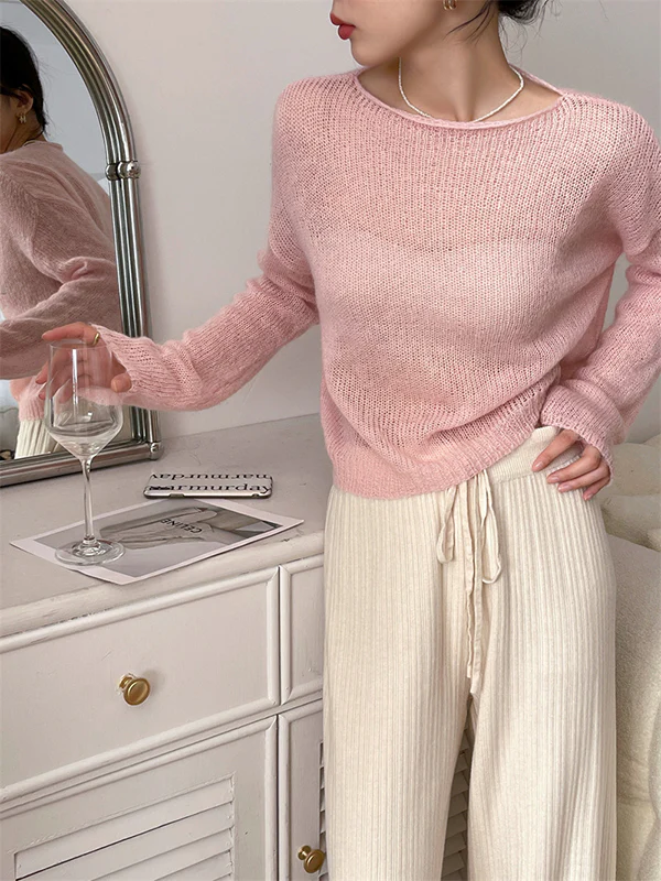 Gentle Mohair Knitted Loose Long Sleeves Solid Color Thin Sweater Tops - Image 23