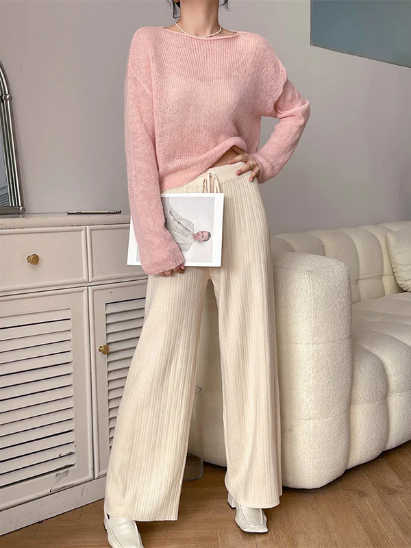 Gentle Mohair Knitted Loose Long Sleeves Solid Color Thin Sweater Tops - Image 25