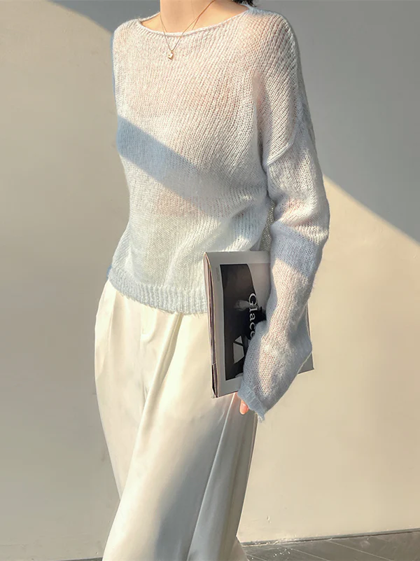 Gentle Mohair Knitted Loose Long Sleeves Solid Color Thin Sweater Tops - Image 26
