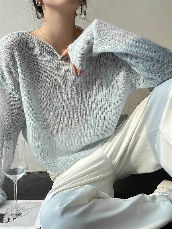 Gentle Mohair Knitted Loose Long Sleeves Solid Color Thin Sweater Tops - Image 27