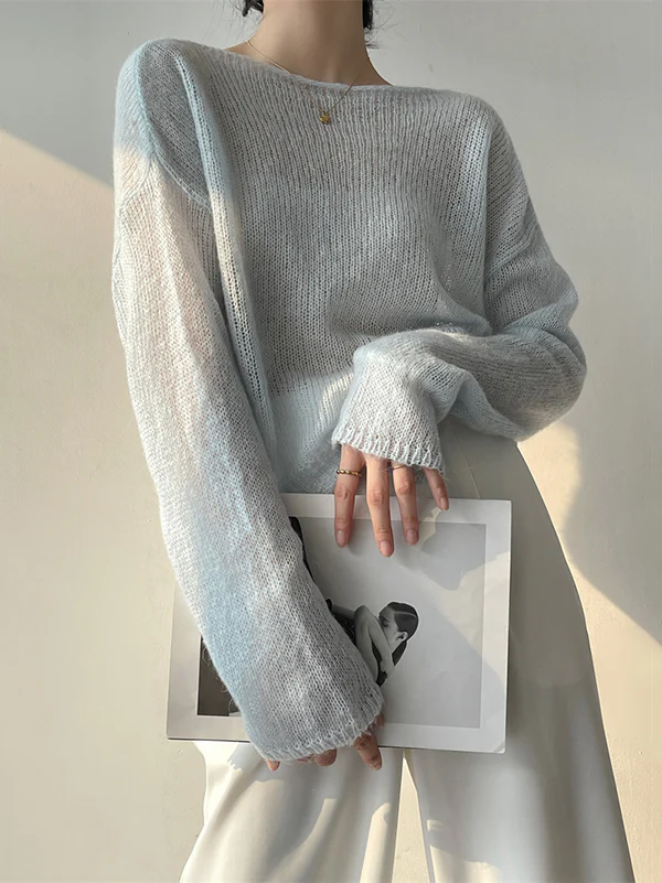 Gentle Mohair Knitted Loose Long Sleeves Solid Color Thin Sweater Tops - Image 28