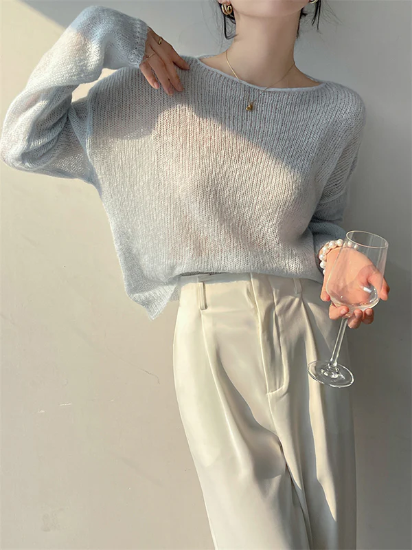 Gentle Mohair Knitted Loose Long Sleeves Solid Color Thin Sweater Tops - Image 29