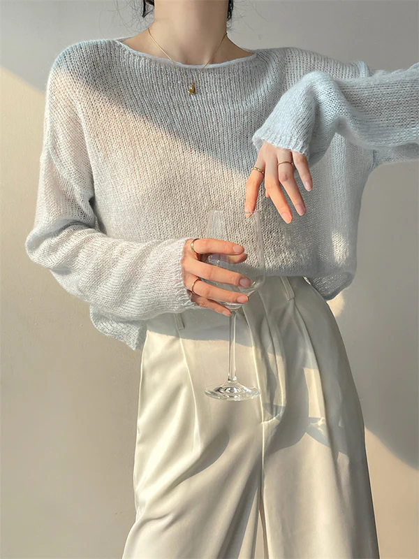 Gentle Mohair Knitted Loose Long Sleeves Solid Color Thin Sweater Tops - Image 3