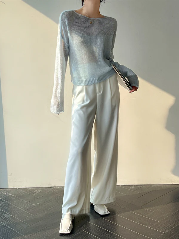 Gentle Mohair Knitted Loose Long Sleeves Solid Color Thin Sweater Tops - Image 30