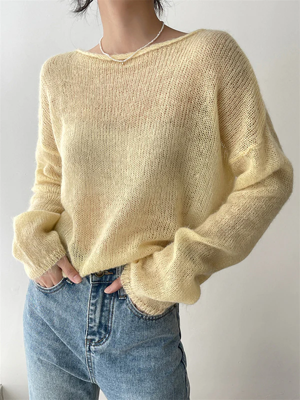Gentle Mohair Knitted Loose Long Sleeves Solid Color Thin Sweater Tops - Image 4
