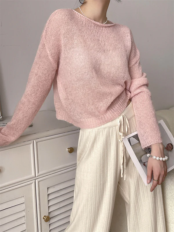 Gentle Mohair Knitted Loose Long Sleeves Solid Color Thin Sweater Tops - Image 5