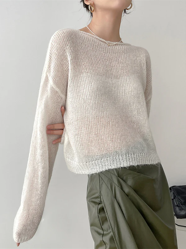 Gentle Mohair Knitted Loose Long Sleeves Solid Color Thin Sweater Tops - Image 6