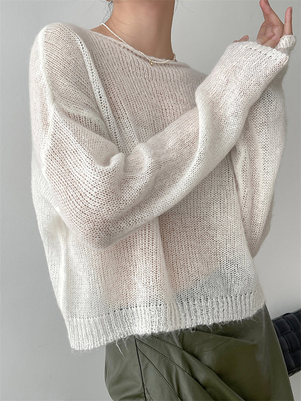 Gentle Mohair Knitted Loose Long Sleeves Solid Color Thin Sweater Tops - Image 8