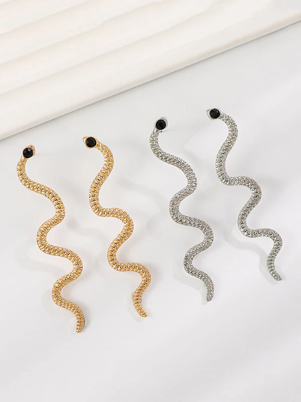 Geometric Rhine Stones Snake Shape Solid Color Drop Earrings - Image 2