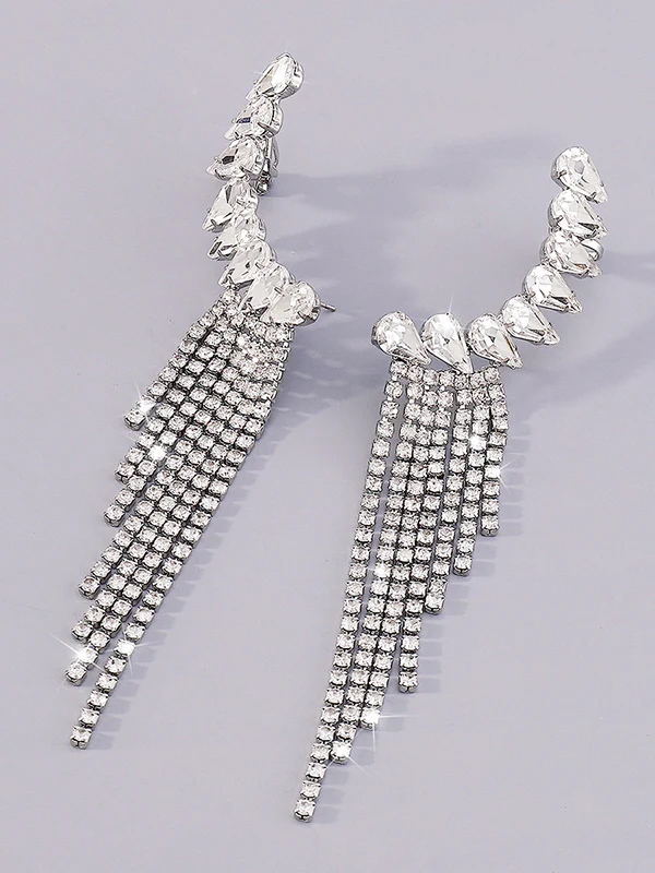 Geometric Rhine Stones Tasseled Drop Earrings - Image 10