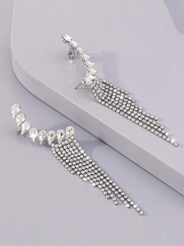 Geometric Rhine Stones Tasseled Drop Earrings - Image 11