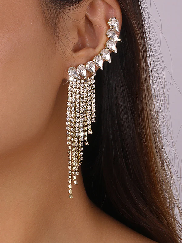 Geometric Rhine Stones Tasseled Drop Earrings - Image 2