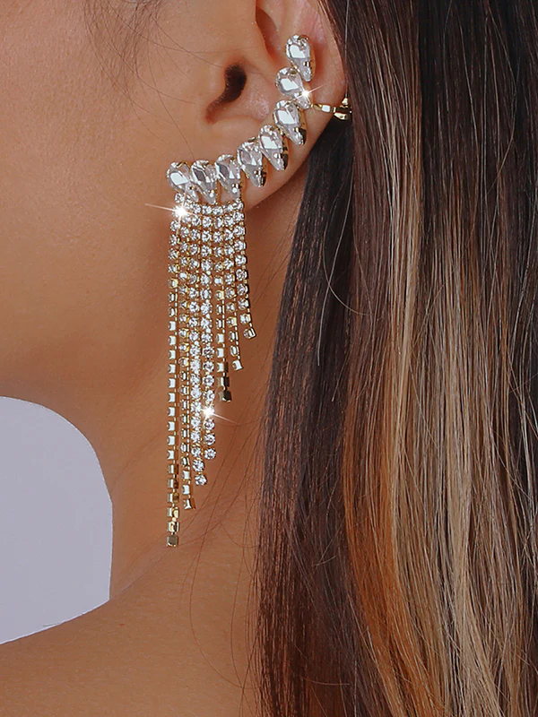 Geometric Rhine Stones Tasseled Drop Earrings - Image 3