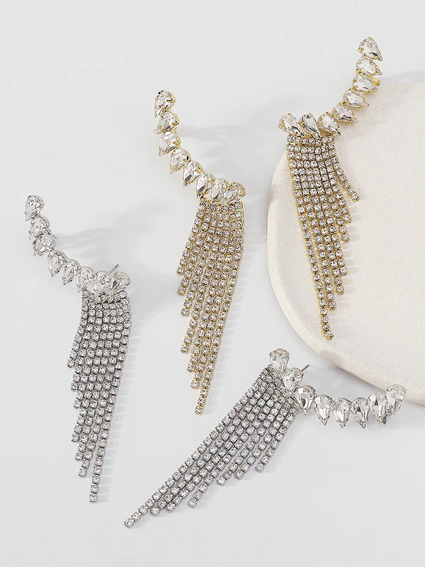 Geometric Rhine Stones Tasseled Drop Earrings - Image 4