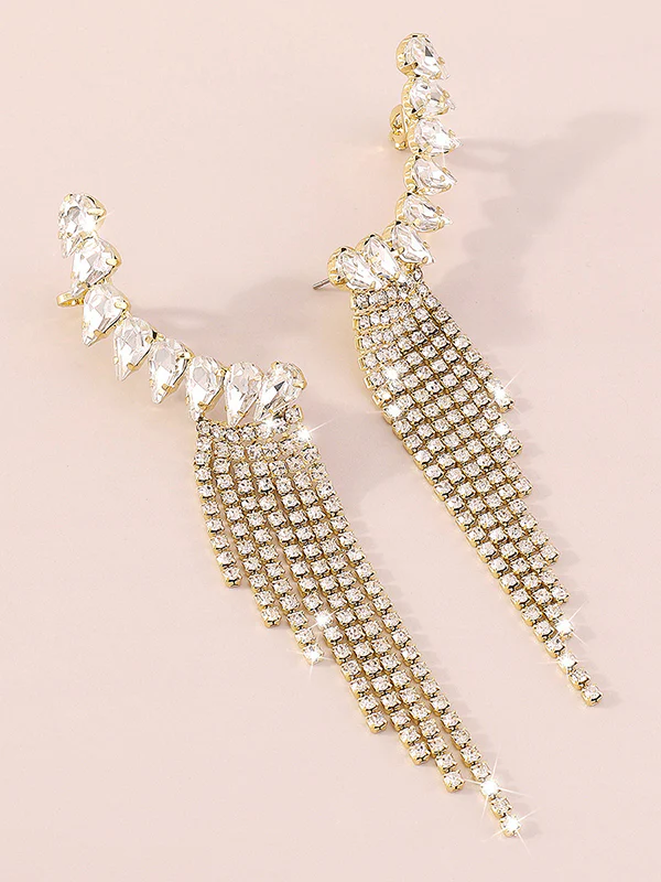 Geometric Rhine Stones Tasseled Drop Earrings - Image 6