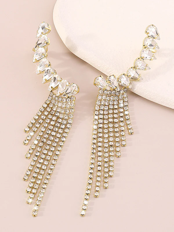 Geometric Rhine Stones Tasseled Drop Earrings - Image 8