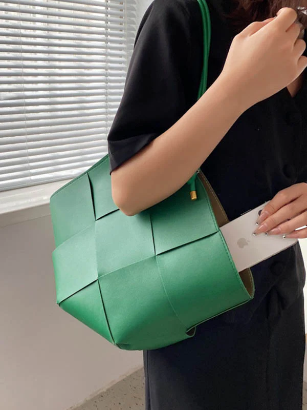 Geometric Solid Color Split-Joint Woven Bags Handbags - Image 2