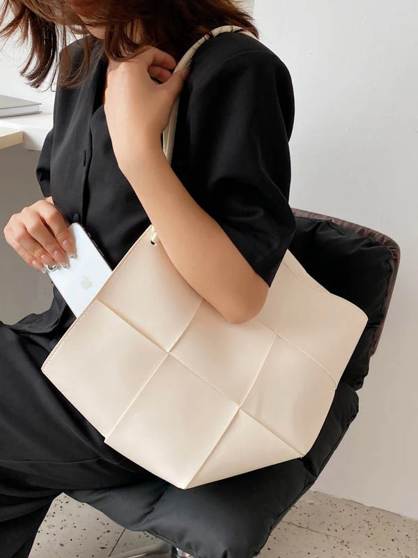 Geometric Solid Color Split-Joint Woven Bags Handbags - Image 4
