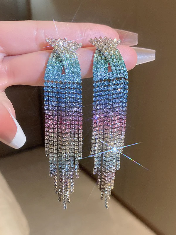Gradient Hollow Rhine Stones Tasseled Drop Earrings - Image 3