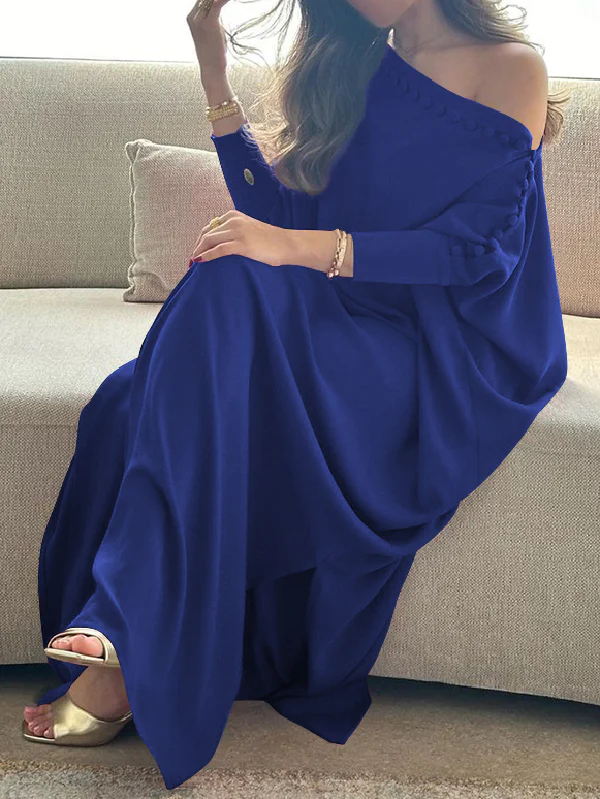 H-Line Loose Buttoned Solid Color Maxi Dresses - Image 6