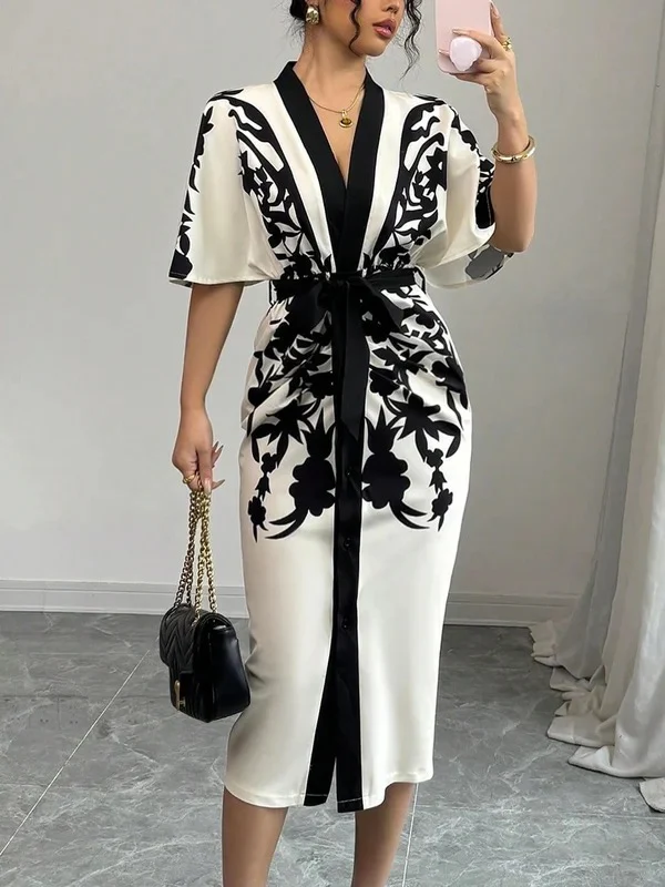 Half Sleeves Flower Print Printed Tied Waist V-Neck Midi Dresses