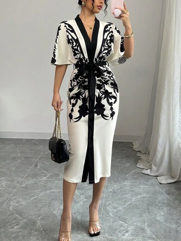 Half Sleeves Flower Print Printed Tied Waist V-Neck Midi Dresses - Image 2