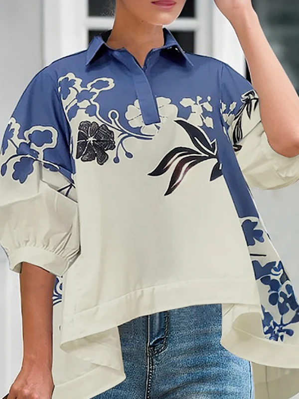 Half Sleeves High-Low Buttoned Flower Print Pleated Lapel Blouses&Shirts Tops - Image 2