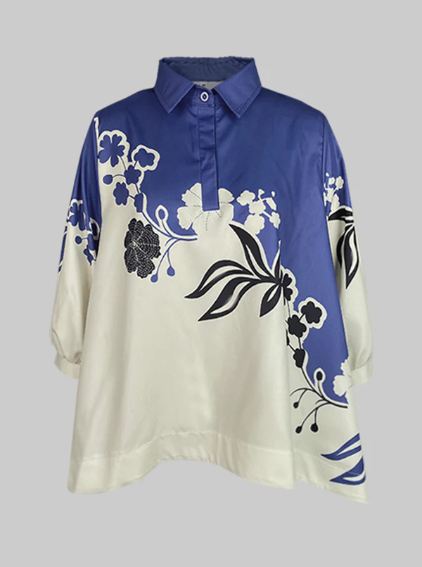 Half Sleeves High-Low Buttoned Flower Print Pleated Lapel Blouses&Shirts Tops - Image 3