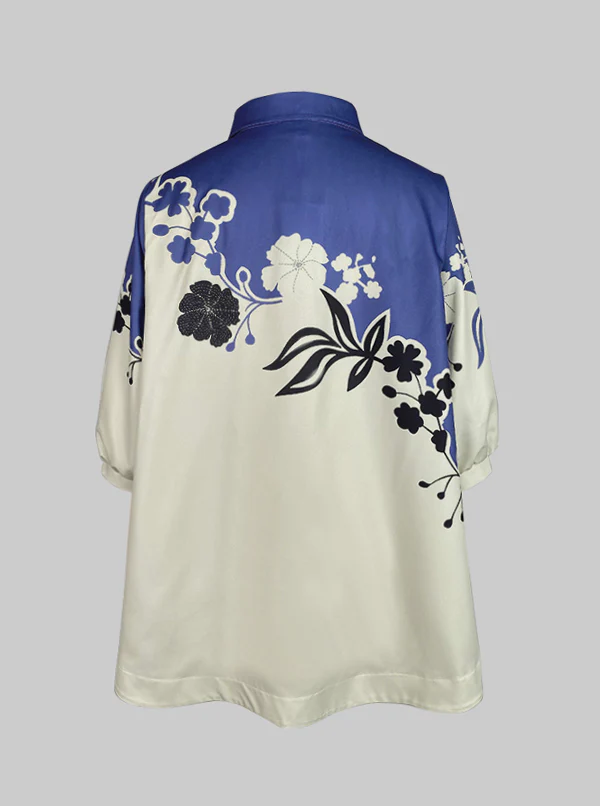 Half Sleeves High-Low Buttoned Flower Print Pleated Lapel Blouses&Shirts Tops - Image 4