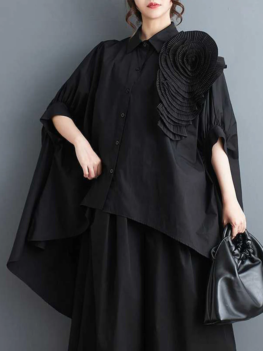 Half Sleeves High-Low Buttoned Pleated Solid Color Three-Dimensional Flower Lapel Blouses&Shirts Tops - Image 2