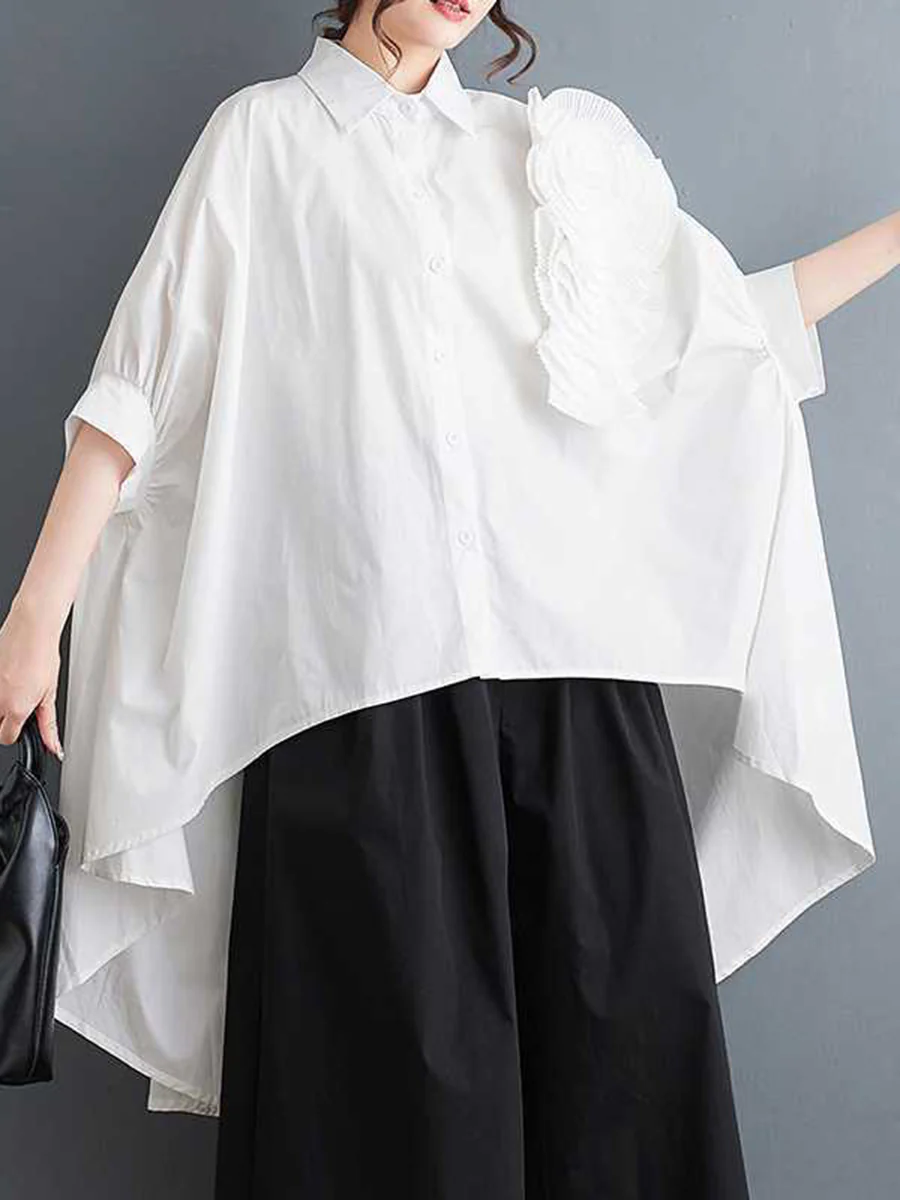 Half Sleeves High-Low Buttoned Pleated Solid Color Three-Dimensional Flower Lapel Blouses&Shirts Tops - Image 3
