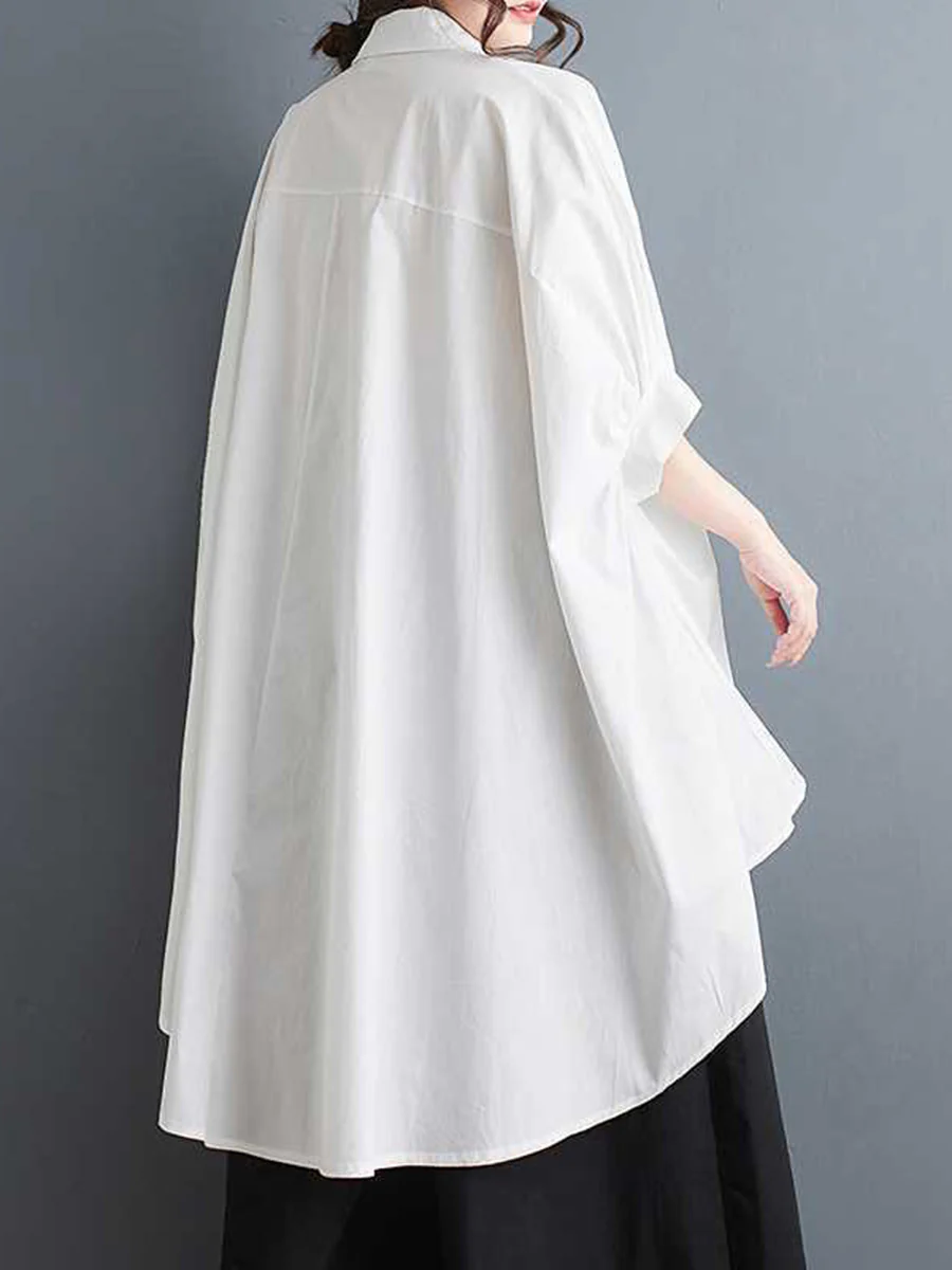 Half Sleeves High-Low Buttoned Pleated Solid Color Three-Dimensional Flower Lapel Blouses&Shirts Tops - Image 4