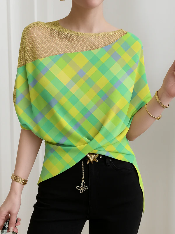 Half Sleeves High-Low Contrast Color Elasticity Knot Split-Joint Round-Neck T-Shirts Tops