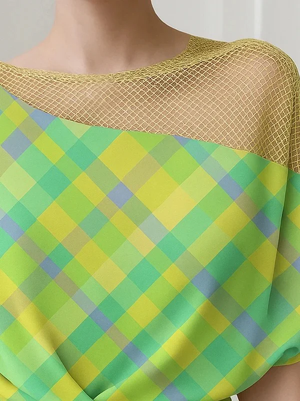 Half Sleeves High-Low Contrast Color Elasticity Knot Split-Joint Round-Neck T-Shirts Tops - Image 2