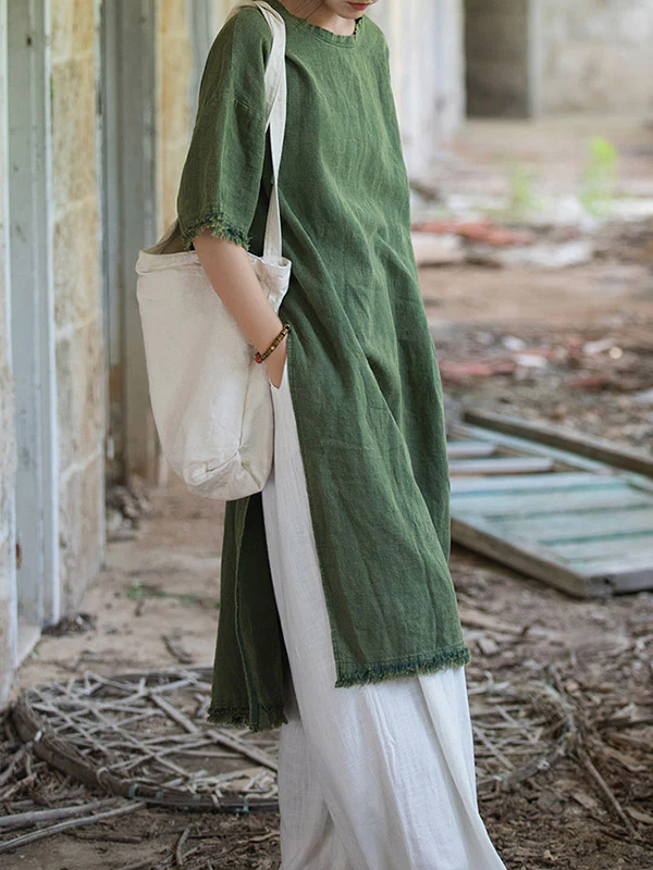 Half Sleeves High-low Fringed Solid Color Split-Joint Split-side Round-neck Midi Dresses - Image 11