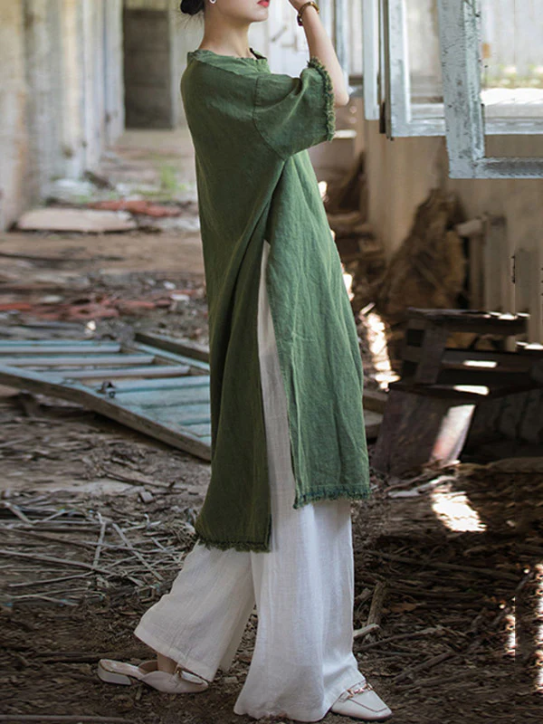 Half Sleeves High-low Fringed Solid Color Split-Joint Split-side Round-neck Midi Dresses - Image 12