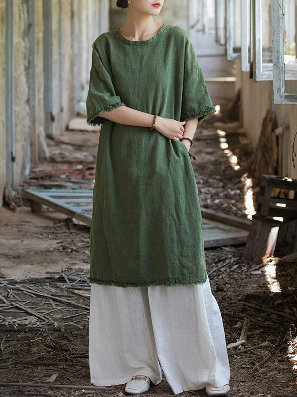 Half Sleeves High-low Fringed Solid Color Split-Joint Split-side Round-neck Midi Dresses - Image 13