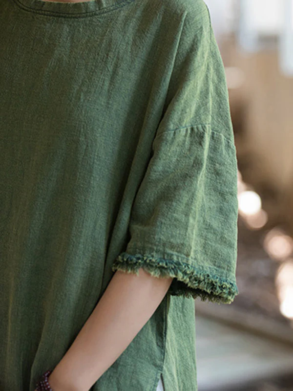 Half Sleeves High-low Fringed Solid Color Split-Joint Split-side Round-neck Midi Dresses - Image 16