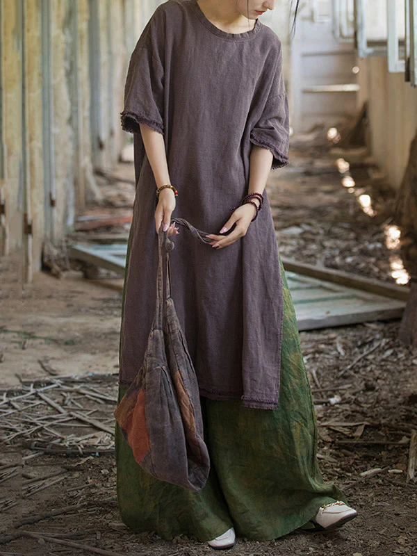 Half Sleeves High-low Fringed Solid Color Split-Joint Split-side Round-neck Midi Dresses - Image 2