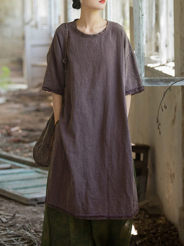 Half Sleeves High-low Fringed Solid Color Split-Joint Split-side Round-neck Midi Dresses - Image 6